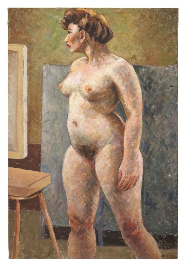 1952 Oil Nude Painting Signed D. V. B. Vintage Art Standing Female Model